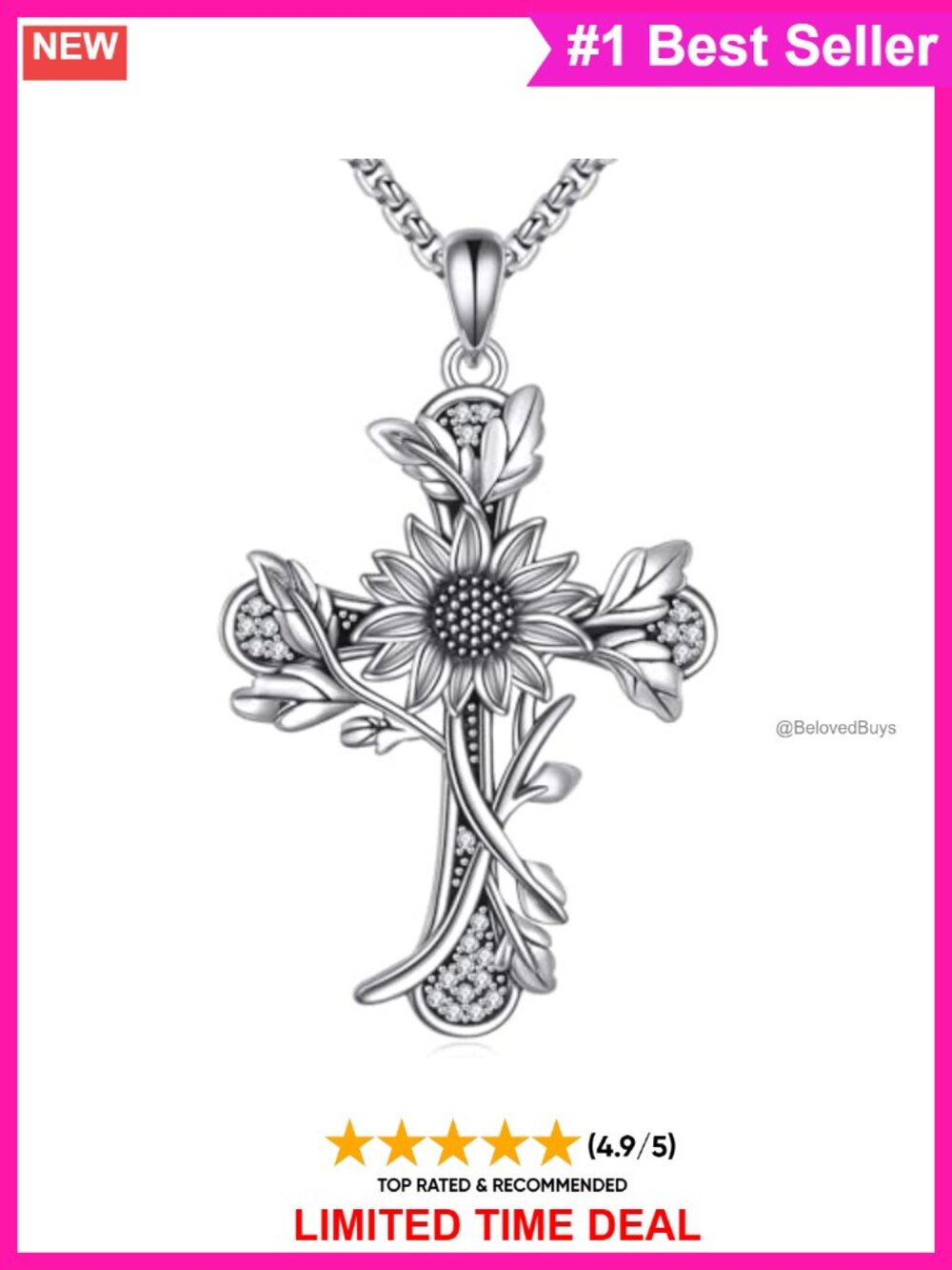 Sterling Silver Sunflower Cross Pendant Necklace with Stainless Steel Chain
